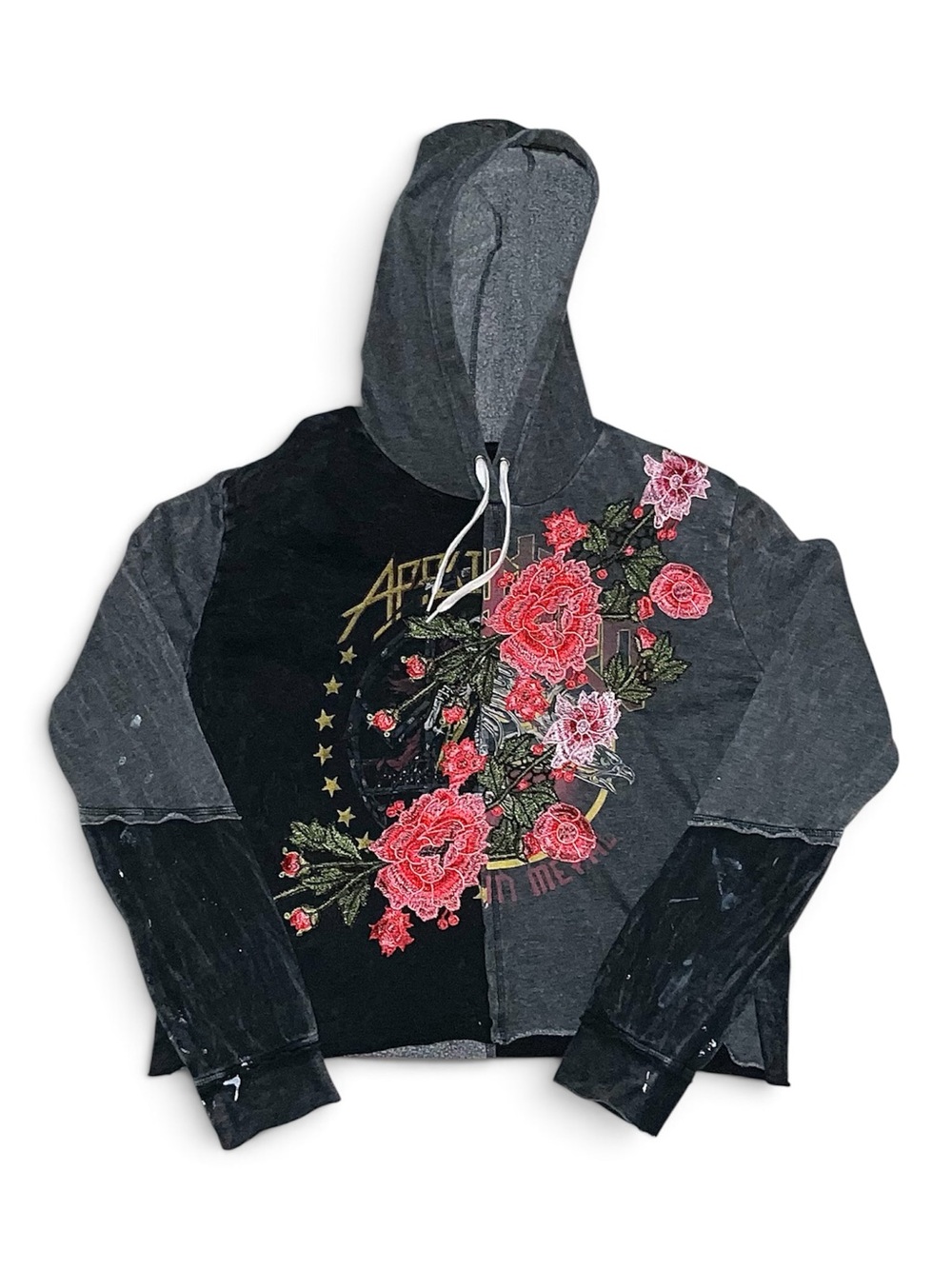 Affliction Mineral-Wash Split-Panel Cropped Hoodie with Embroidered Roses